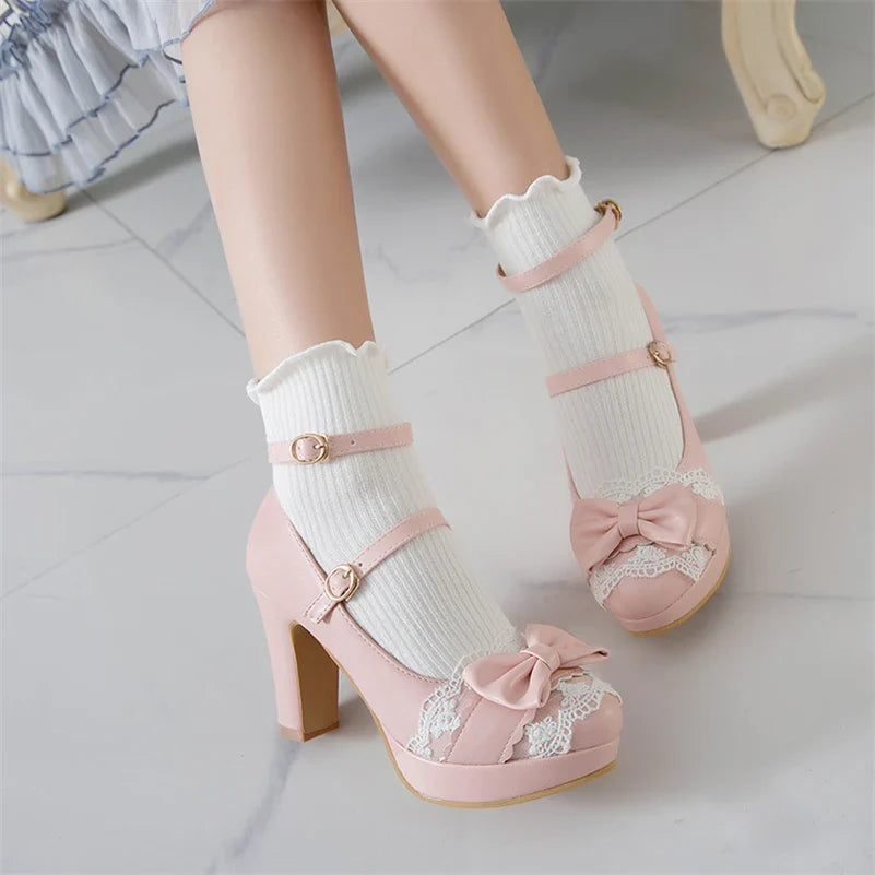 Woman Lolita Style Buckle Shoes Platform Block High Heels Pumps Bow Round Toe Ankle Strap Lady Pumps 34-43 Pink