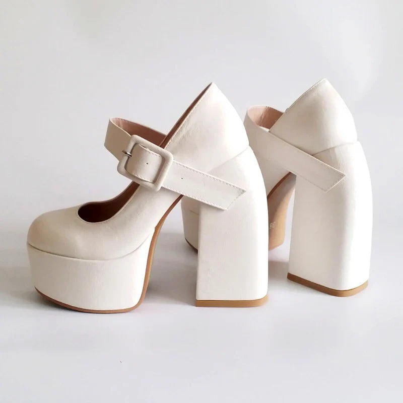 Black White Mary Janes Super Thick High Heels Platforms Pumps