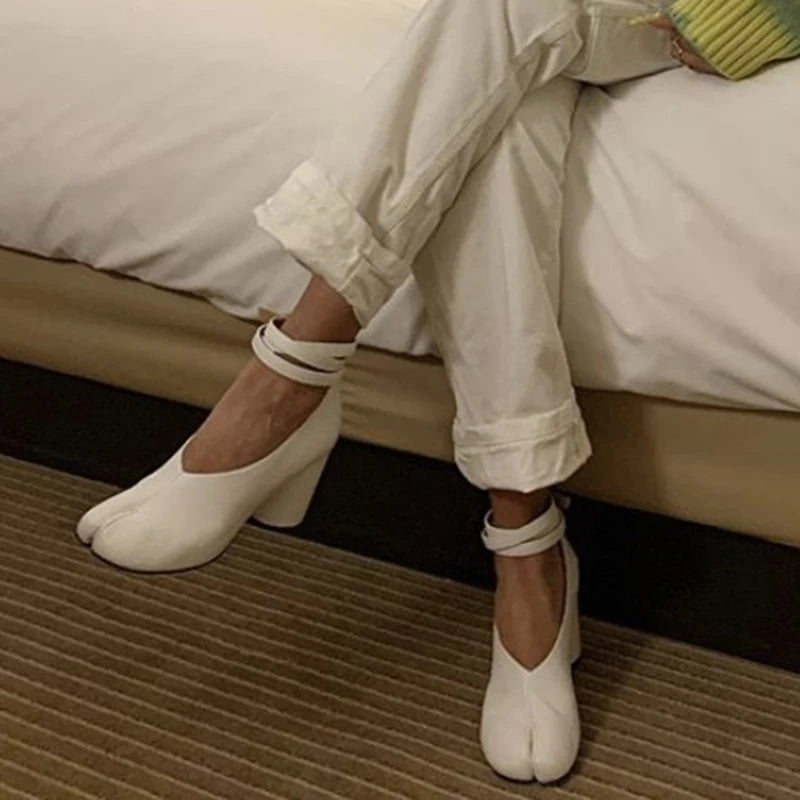 Split Toe Pumps Chunky Round Ankle Strap Buckle High Heels Red Leather Brand Design Winter Shoes Women