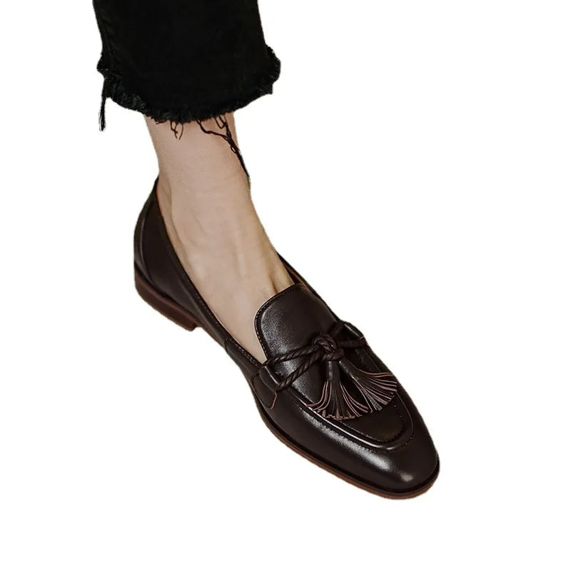 Retro Tassel bow-knot small leather shoes loafers square toe low heels oxfords woman ins genuine leather fringe flats