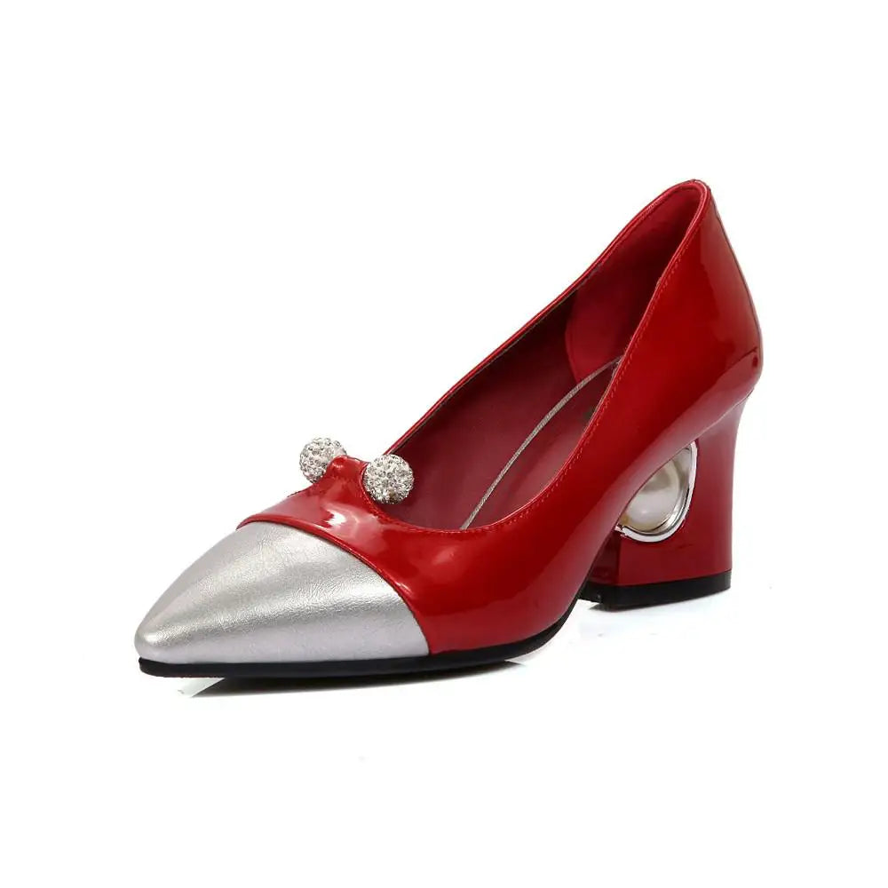 Pumps Pearl High Heels Patchwork Pointed Toe Party Fall Shoes White Red Large Size 45