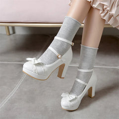 Woman Lolita Style Buckle Shoes Platform Block High Heels Pumps Bow Round Toe Ankle Strap Lady Pumps 34-43 Pink
