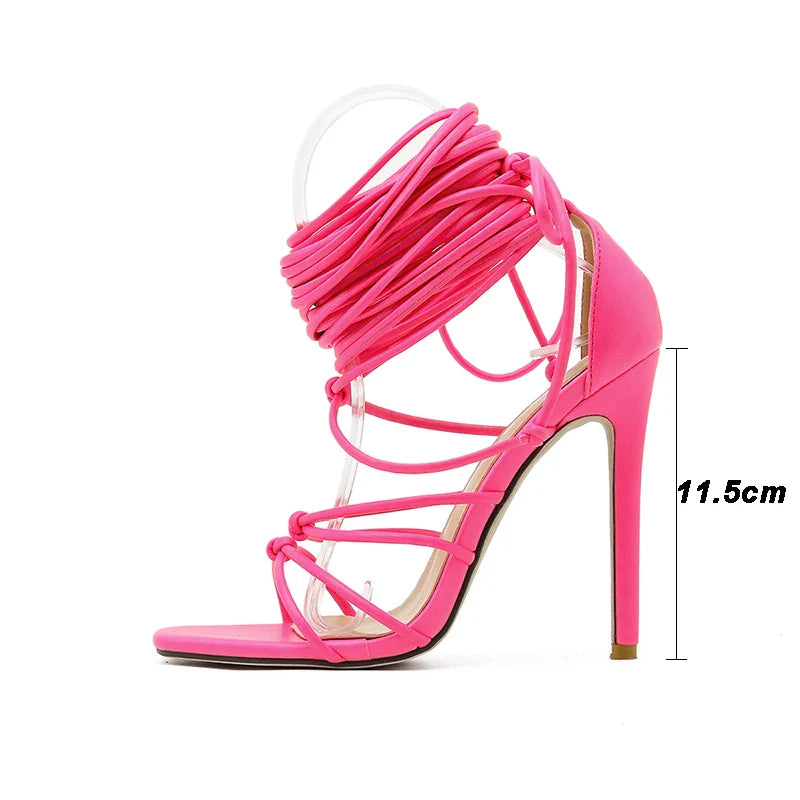 Gladiator Knee High Sandals Open Toe Lace Up Cross Strappy Sandals High Heels Shoes