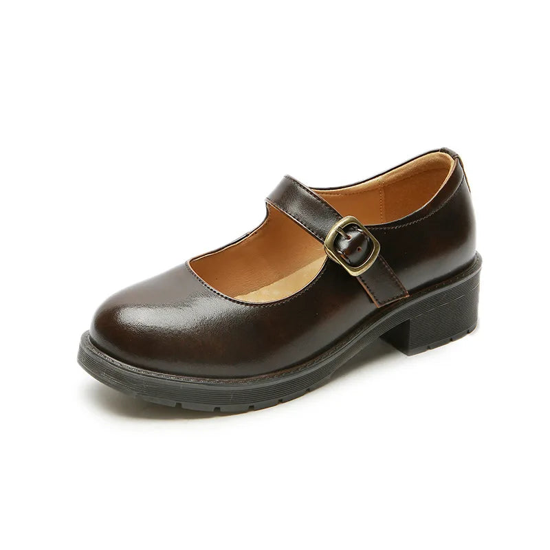 Small Leather Shoes Round Toe High-heeled Retro Leather British College Style Shoes Mary Jane Shoes