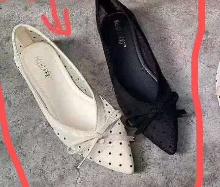 Polka dot air mesh shoes loafers sneakers woman flats espadrilles pointed toe bow-knot breathable moccasins