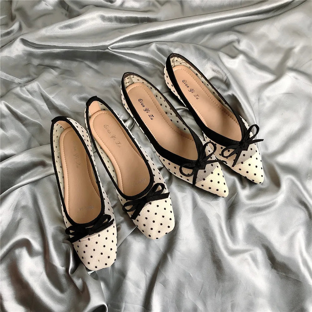 Polka dot air mesh shoes loafers sneakers woman flats espadrilles pointed toe bow-knot breathable moccasins