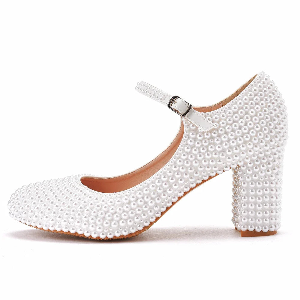 Crystal Queen Platform High Heels Mary Janes White Lolita Style Vintage Pumps Party Beige Pearl Wedding Shoes 7CM
