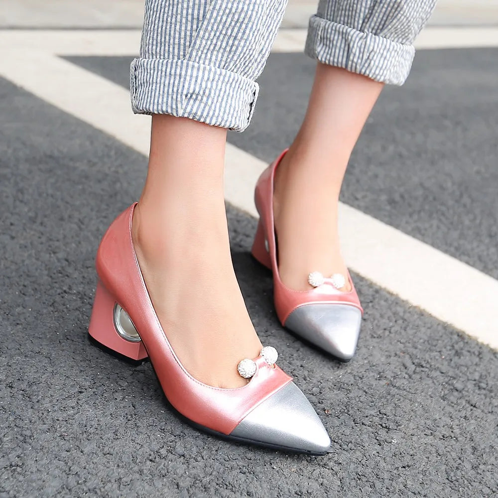 Pumps Pearl High Heels Patchwork Pointed Toe Party Fall Shoes White Red Large Size 45