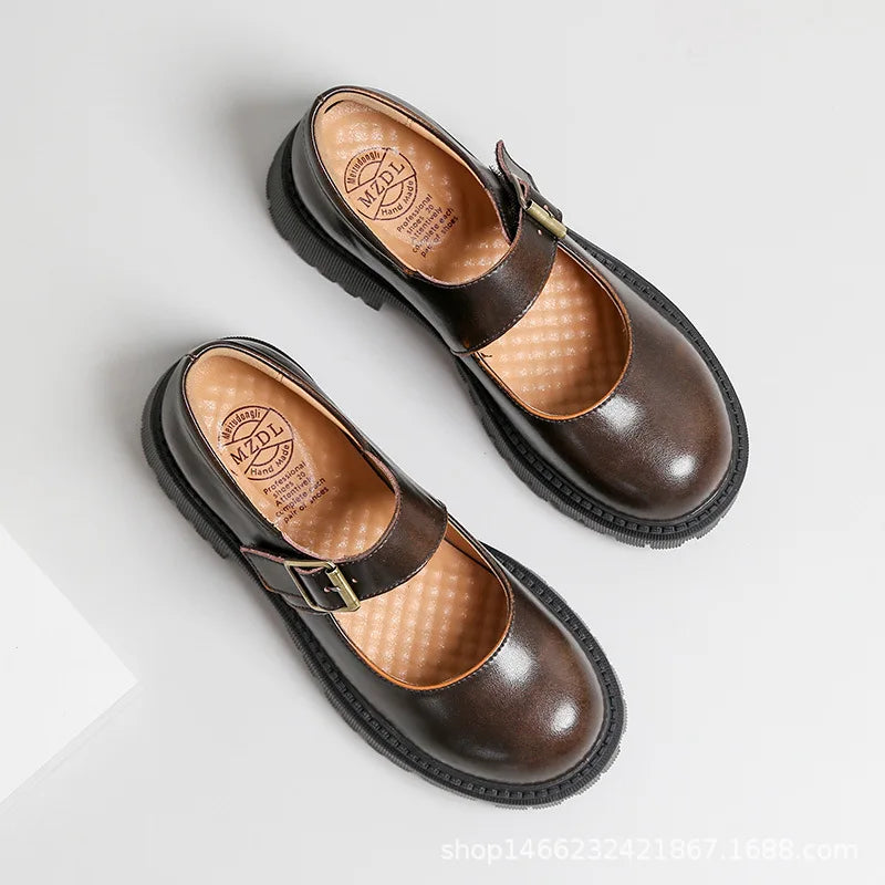 Thick-soled English Leather Shoes Mary Jane Round Toe Retro Single Shoes Genuine Leather Vintage
