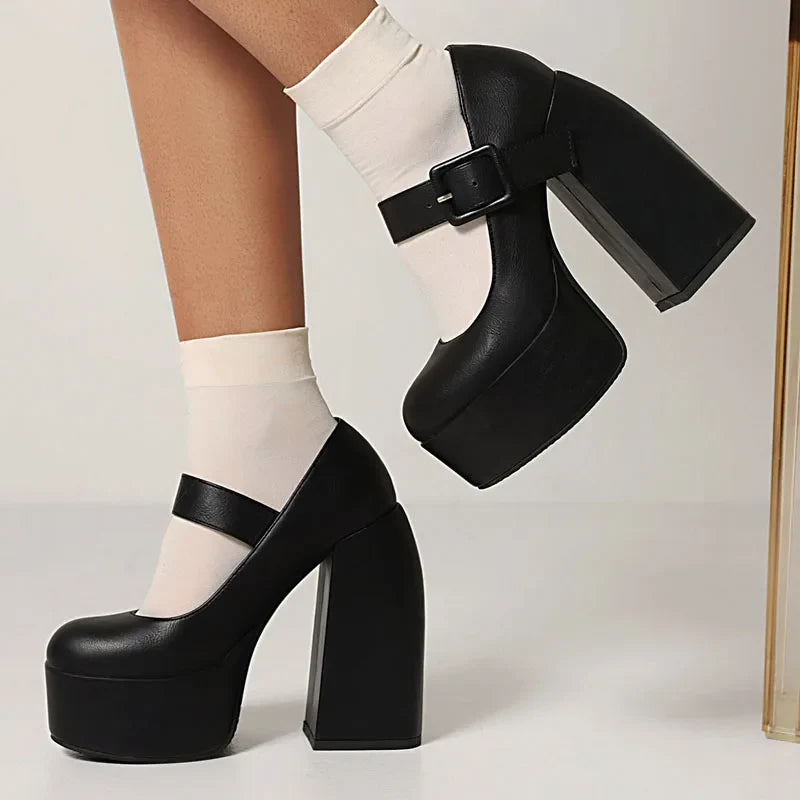 Black White Mary Janes Super Thick High Heels Platforms Pumps