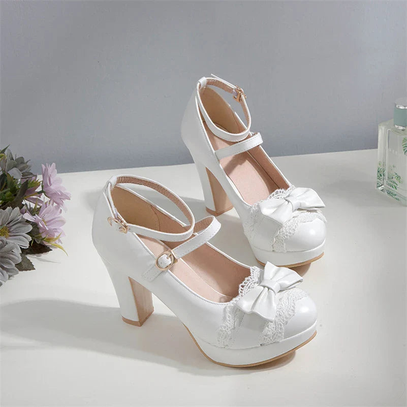 Woman Lolita Style Buckle Shoes Platform Block High Heels Pumps Bow Round Toe Ankle Strap Lady Pumps 34-43 Pink