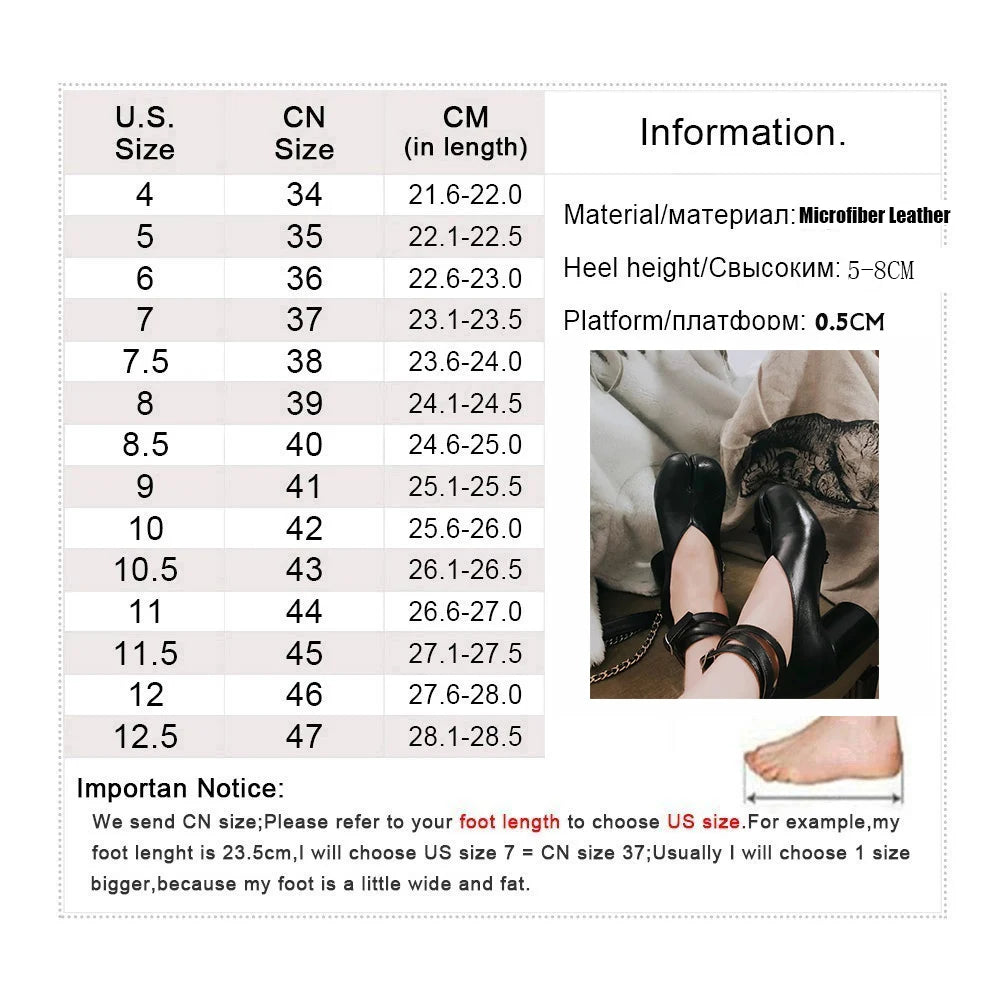 Split Toe Pumps Chunky Round Ankle Strap Buckle High Heels Red Leather Brand Design Winter Shoes Women