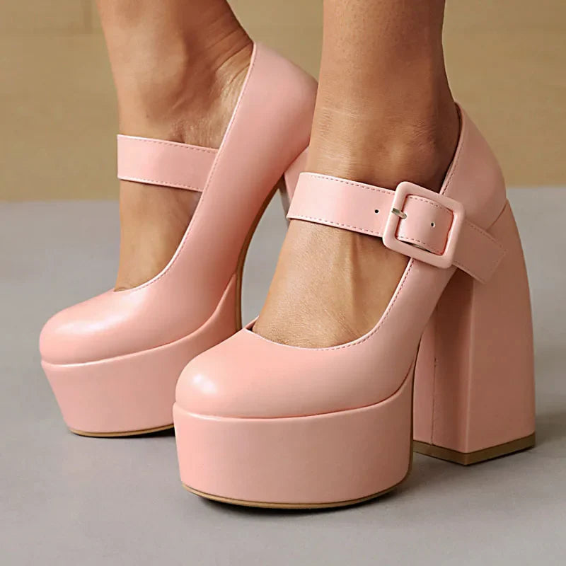Black White Mary Janes Super Thick High Heels Platforms Pumps