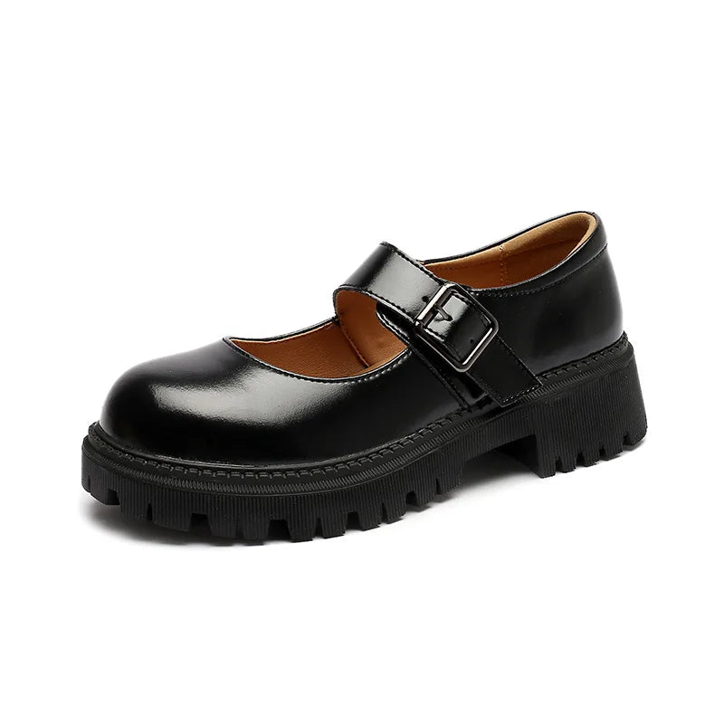 Thick-soled English Leather Shoes Mary Jane Round Toe Retro Single Shoes Genuine Leather Vintage