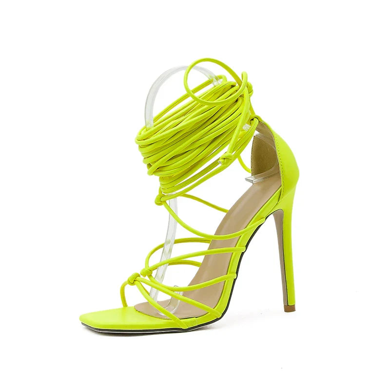 Gladiator Knee High Sandals Open Toe Lace Up Cross Strappy Sandals High Heels Shoes