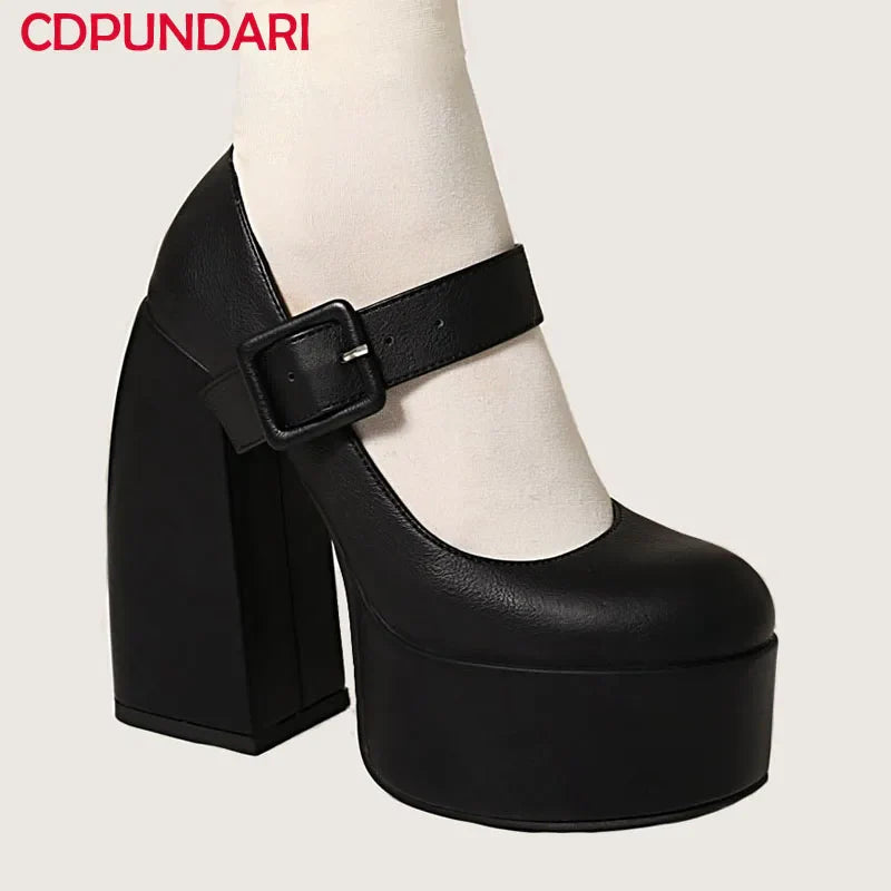 Black White Mary Janes Super Thick High Heels Platforms Pumps