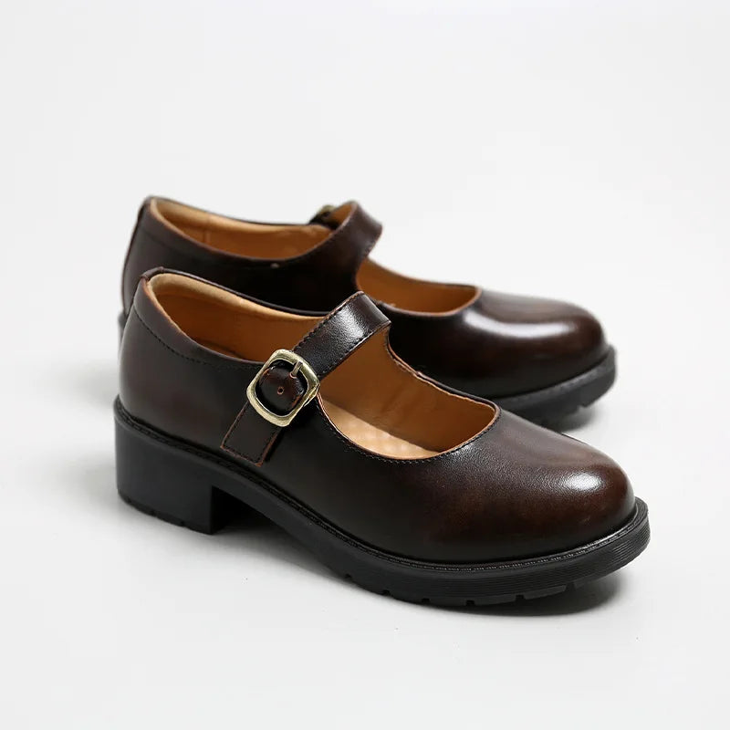 Small Leather Shoes Round Toe High-heeled Retro Leather British College Style Shoes Mary Jane Shoes