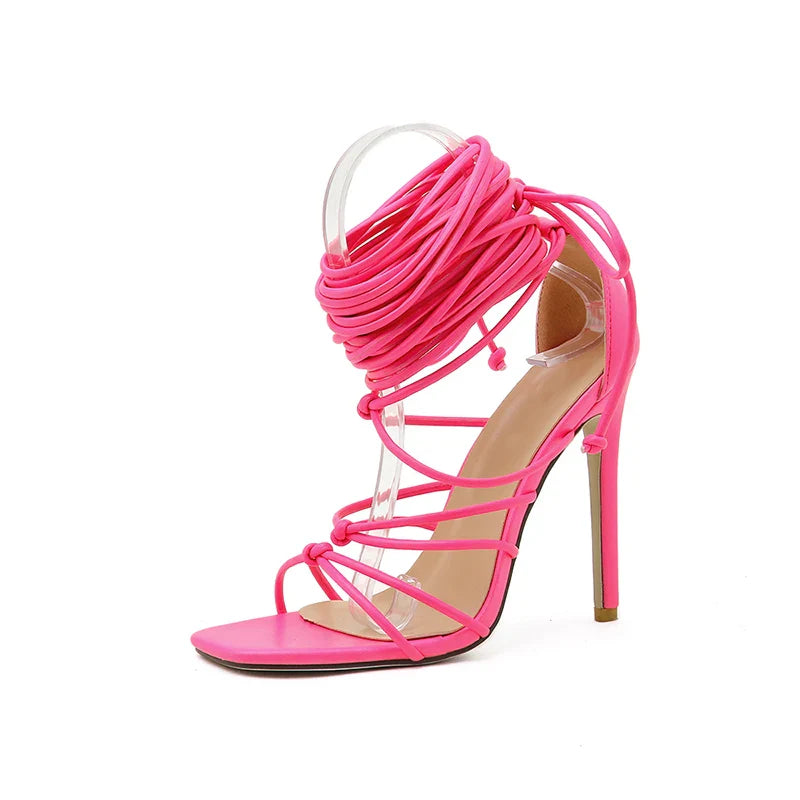 Gladiator Knee High Sandals Open Toe Lace Up Cross Strappy Sandals High Heels Shoes