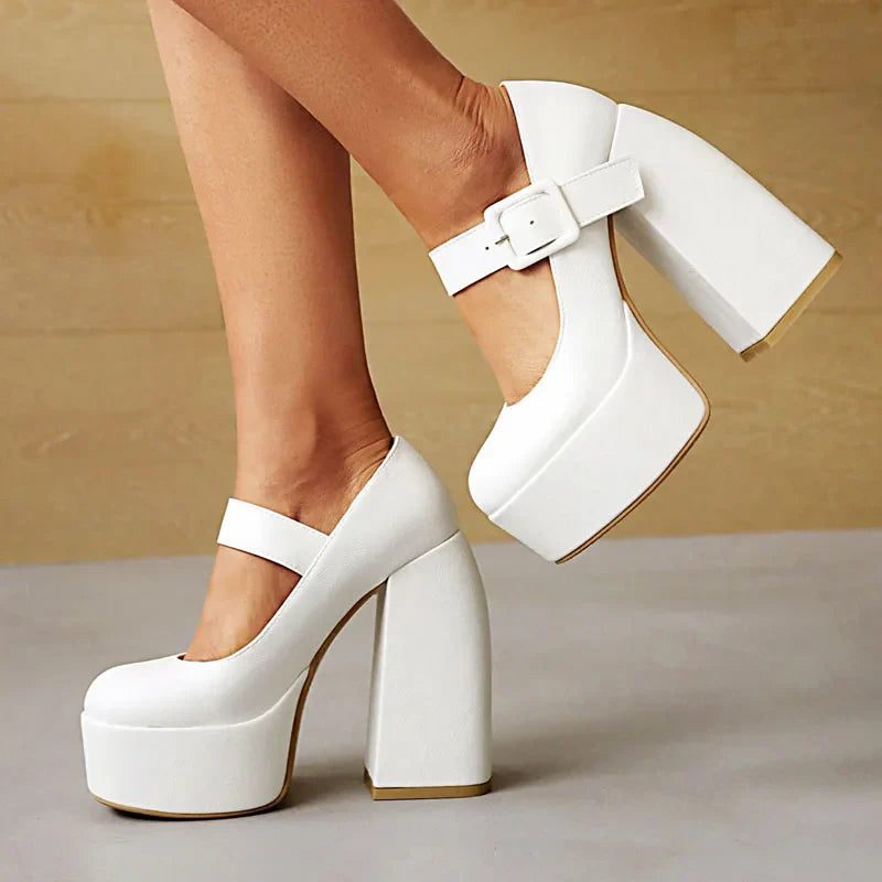 Black White Mary Janes Super Thick High Heels Platforms Pumps