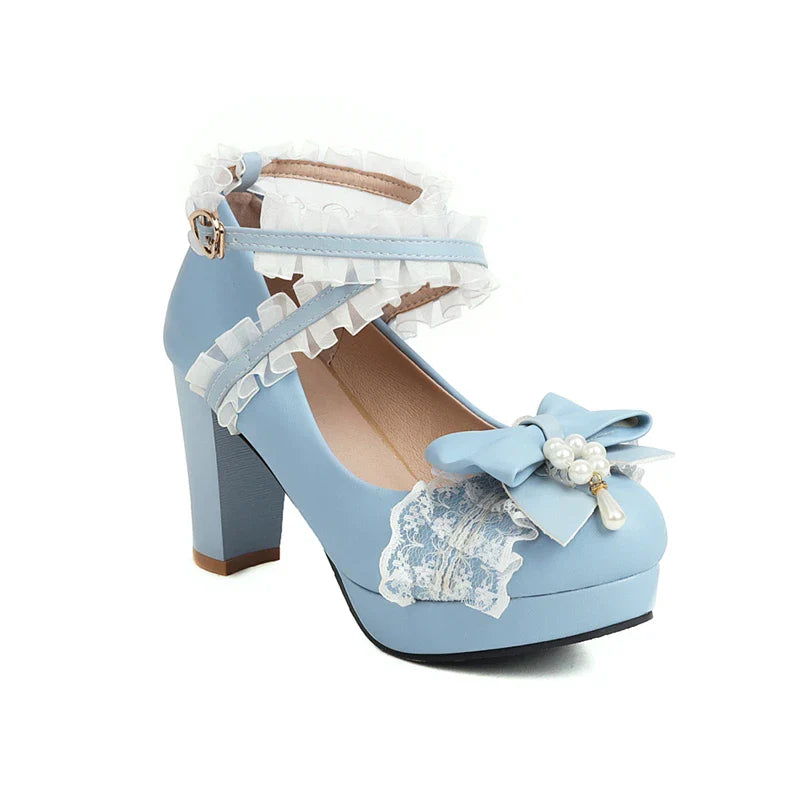 Woman Lolita Style Ankle Strap Shoes Platform Block High Heels Pumps Round Toe Bow Buckle Lady Footwear 46 Blue