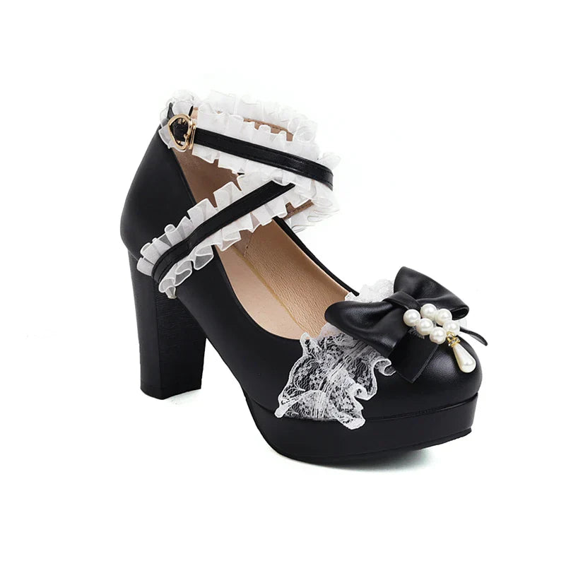 Woman Lolita Style Ankle Strap Shoes Platform Block High Heels Pumps Round Toe Bow Buckle Lady Footwear 46 Blue