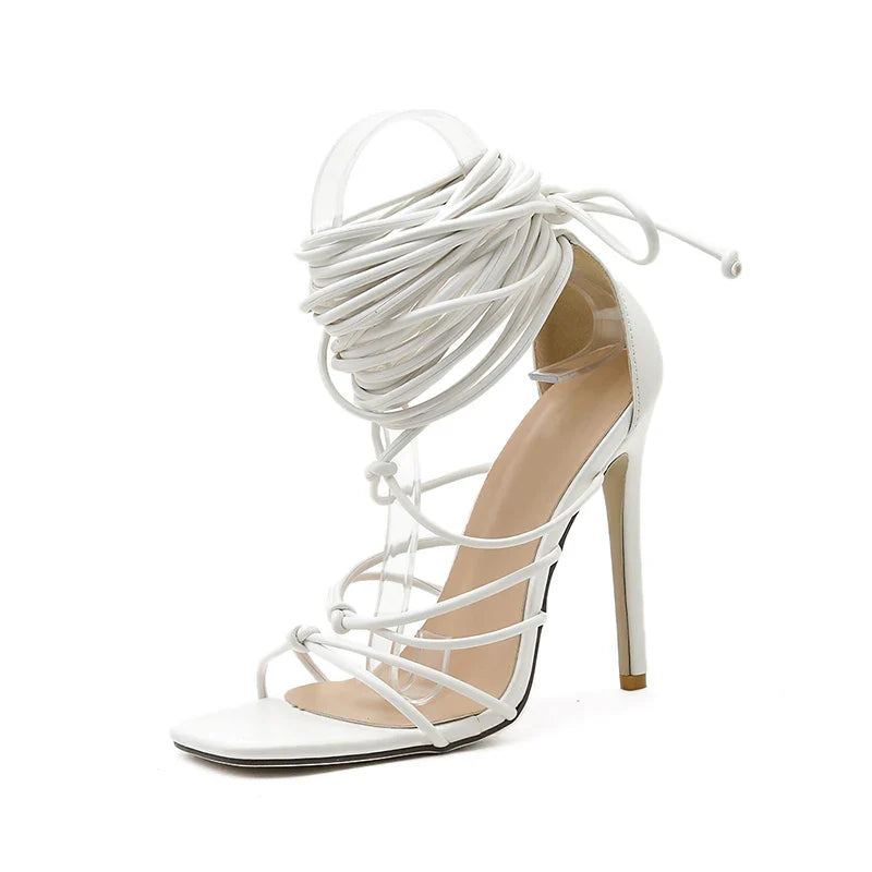 Gladiator Knee High Sandals Open Toe Lace Up Cross Strappy Sandals High Heels Shoes