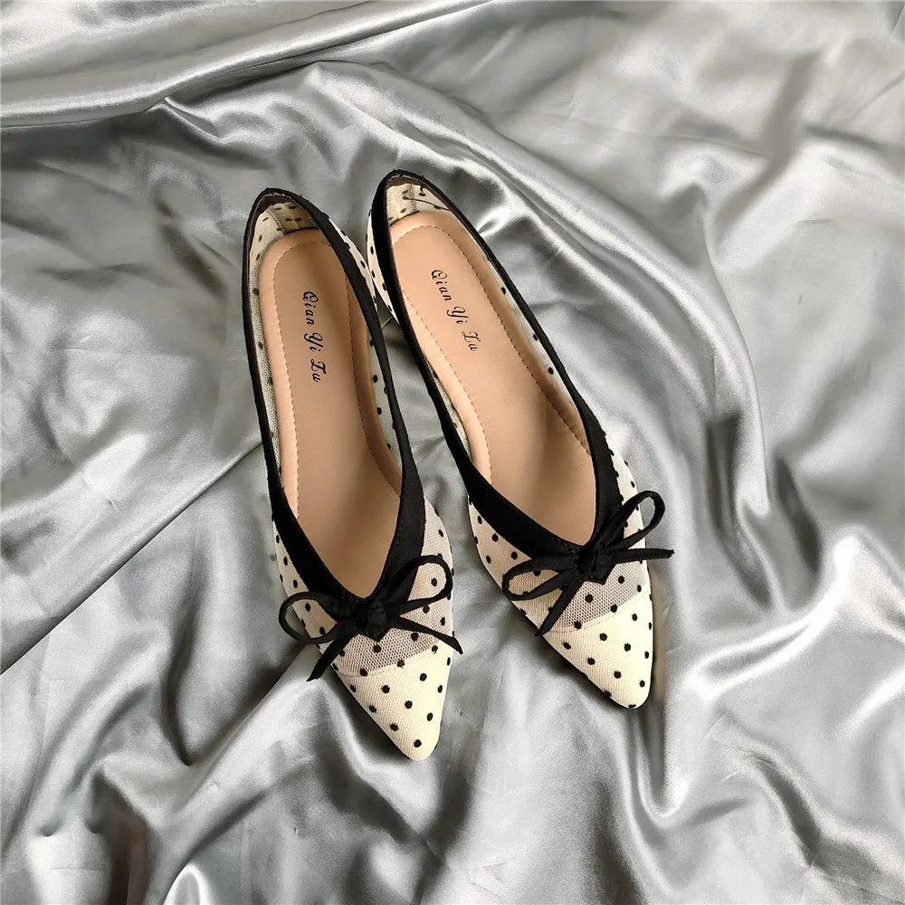 Polka dot air mesh shoes loafers sneakers woman flats espadrilles pointed toe bow-knot breathable moccasins