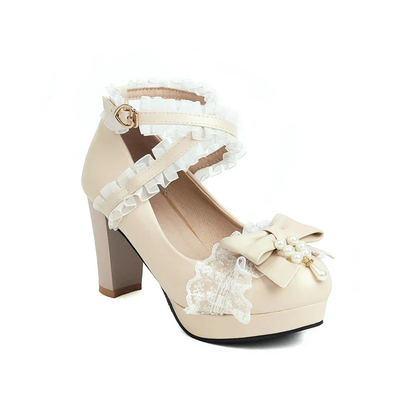 Woman Lolita Style Ankle Strap Shoes Platform Block High Heels Pumps Round Toe Bow Buckle Lady Footwear 46 Blue