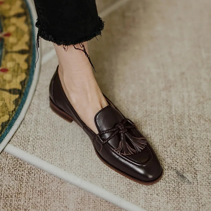 Retro Tassel bow-knot small leather shoes loafers square toe low heels oxfords woman ins genuine leather fringe flats