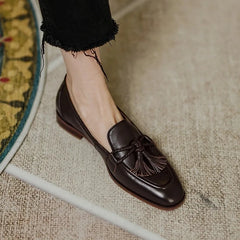 Retro Tassel bow-knot small leather shoes loafers square toe low heels oxfords woman ins genuine leather fringe flats