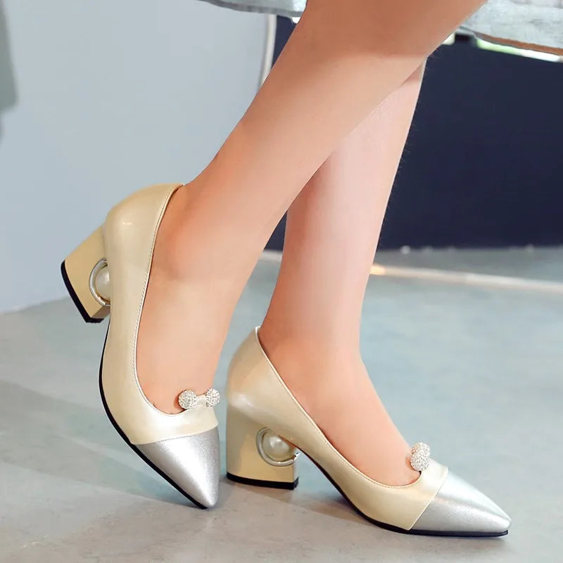 Pumps Pearl High Heels Patchwork Pointed Toe Party Fall Shoes White Red Large Size 45