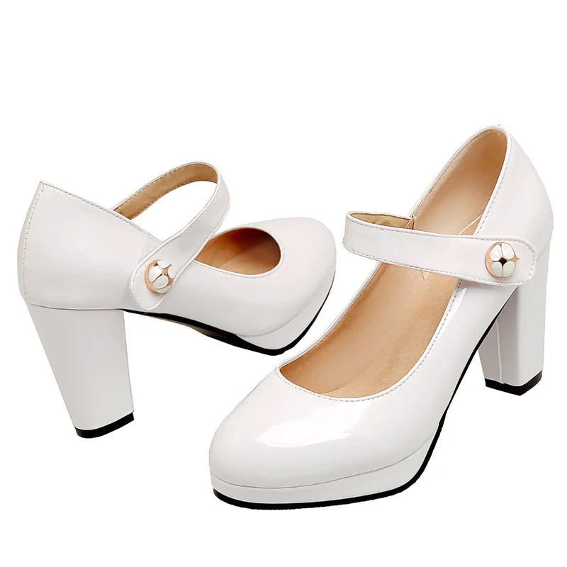 Elegant High Heels Mary Janes Shoes Patent Red Pink White Heeled Party Wedding Shoes Dress Pumps Large Size 45