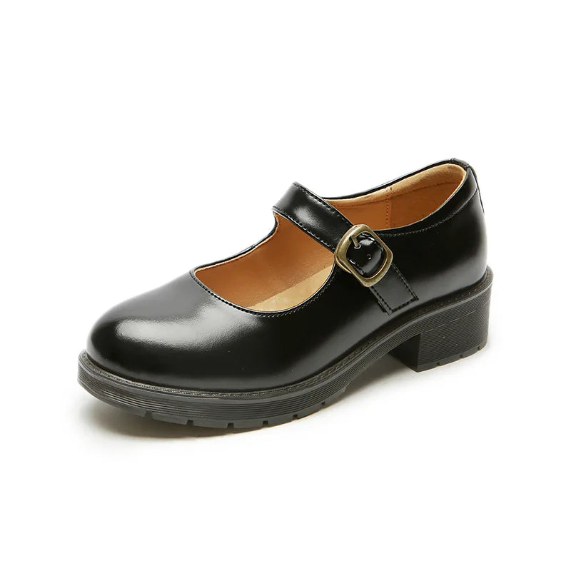 Small Leather Shoes Round Toe High-heeled Retro Leather British College Style Shoes Mary Jane Shoes