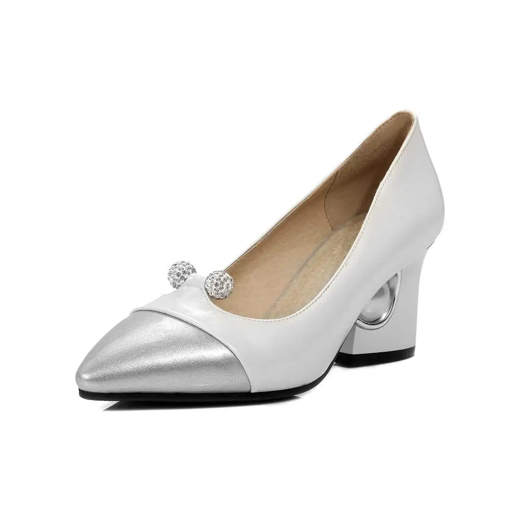 Pumps Pearl High Heels Patchwork Pointed Toe Party Fall Shoes White Red Large Size 45