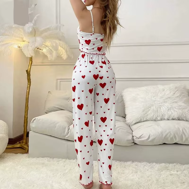 Heart Print Cami Vest Trouser Sleeveless Nightwear Set Two-Pieces Sleepwear