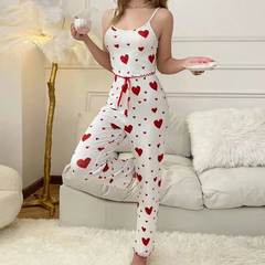 Heart Print Cami Vest Trouser Sleeveless Nightwear Set Two-Pieces Sleepwear