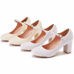 Crystal Queen Platform High Heels Mary Janes White Lolita Style Vintage Pumps Party Beige Pearl Wedding Shoes 7CM