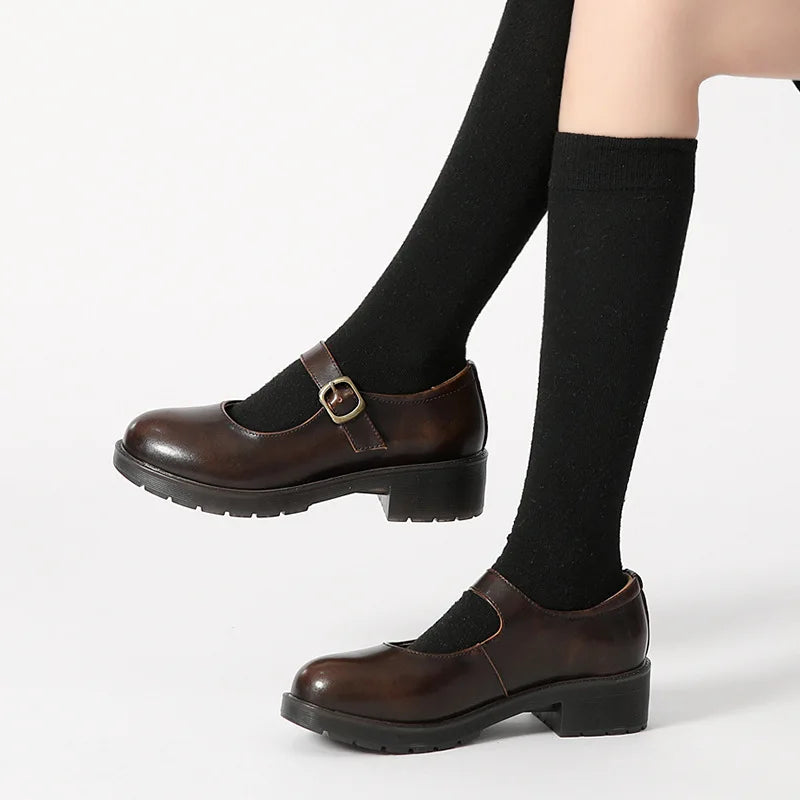 Small Leather Shoes Round Toe High-heeled Retro Leather British College Style Shoes Mary Jane Shoes