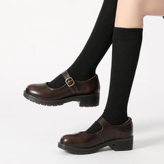 Small Leather Shoes Round Toe High-heeled Retro Leather British College Style Shoes Mary Jane Shoes