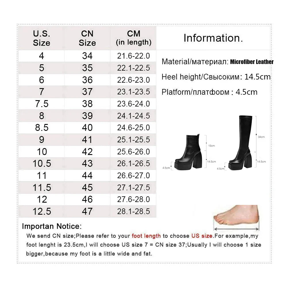 Elastic Knee-High Boots Chunky Platform High Heels Boots Black Zipper Punk Shoes Botas de mujer
