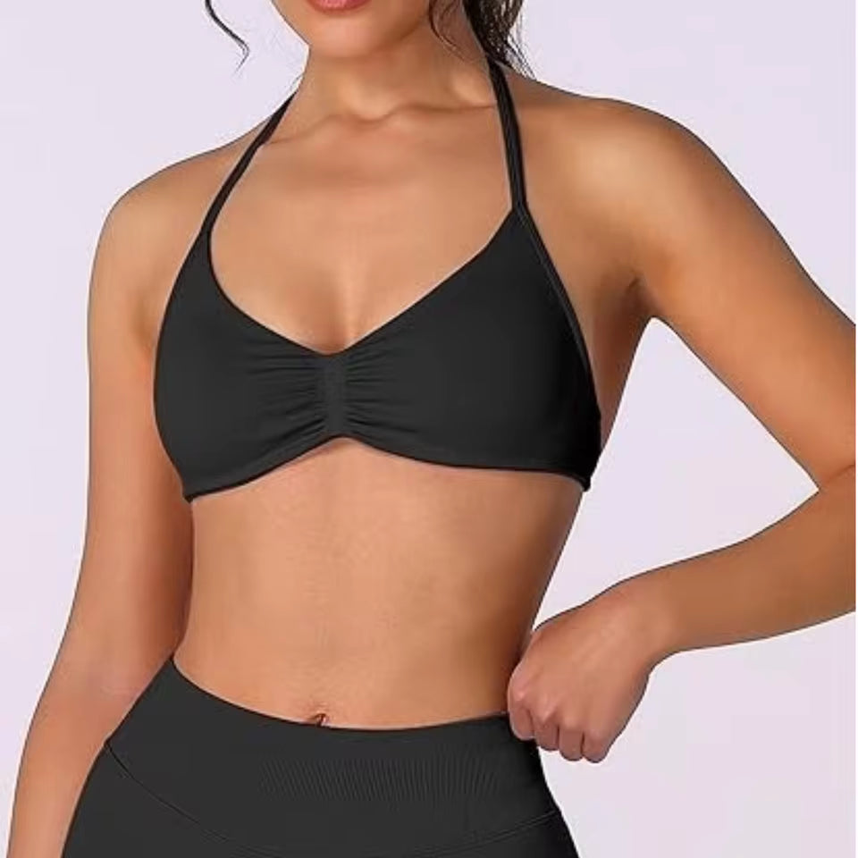 High Support Thin Strap Halter Sport Seamless Bras Scrunch Workout Yoga Tank Strappy Bra Top