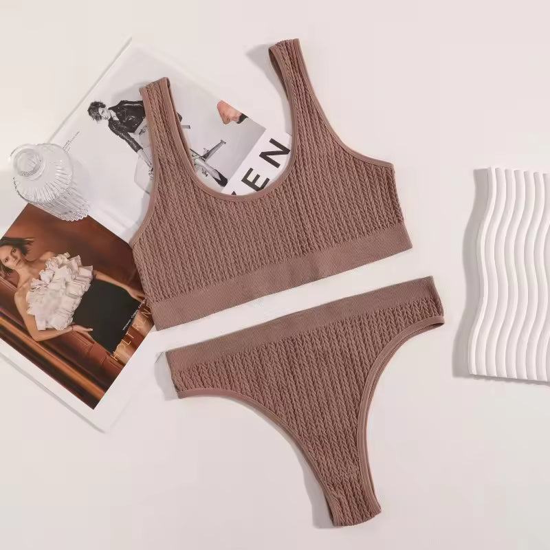 High Waist Thongs Non-wire Bra Push Up Bras Lingerie Ribbed Sport Underwear Set