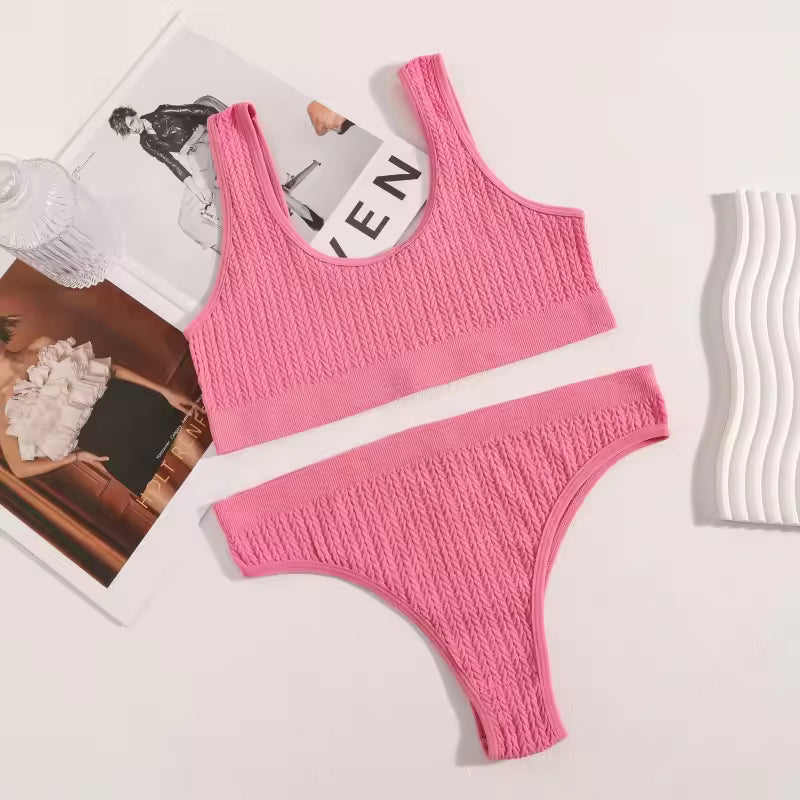 High Waist Thongs Non-wire Bra Push Up Bras Lingerie Ribbed Sport Underwear Set