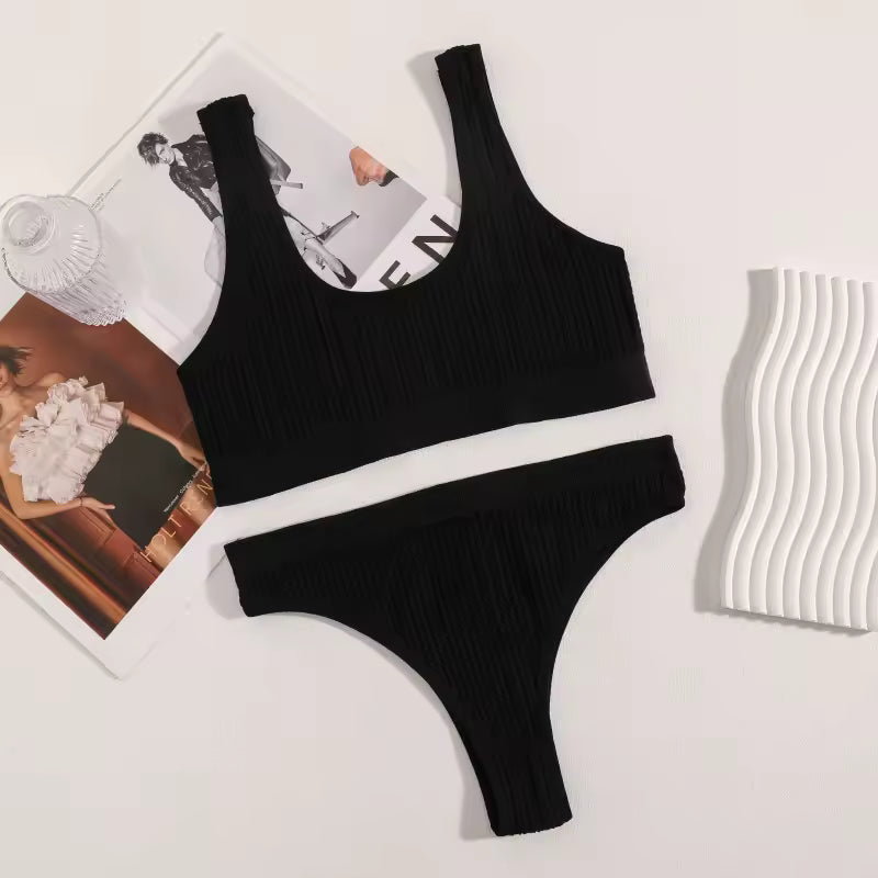High Waist Thongs Non-wire Bra Push Up Bras Lingerie Ribbed Sport Underwear Set