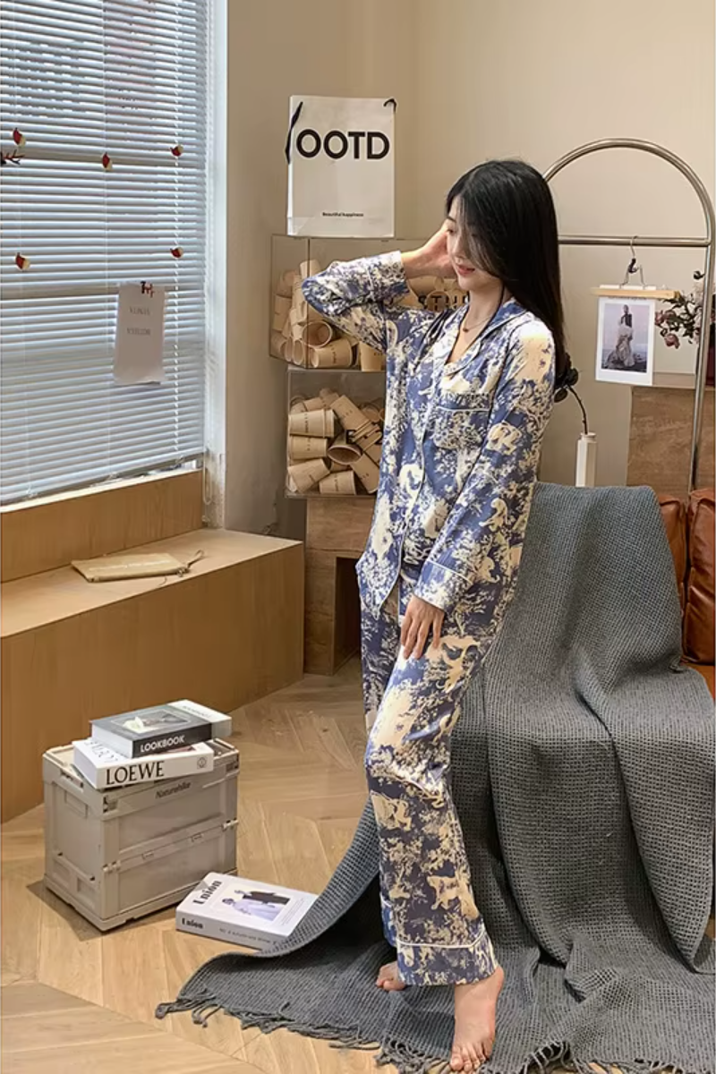 High-grade Ice Silk Satin Loose Comfortable Thin  Print Sleepwear Sets