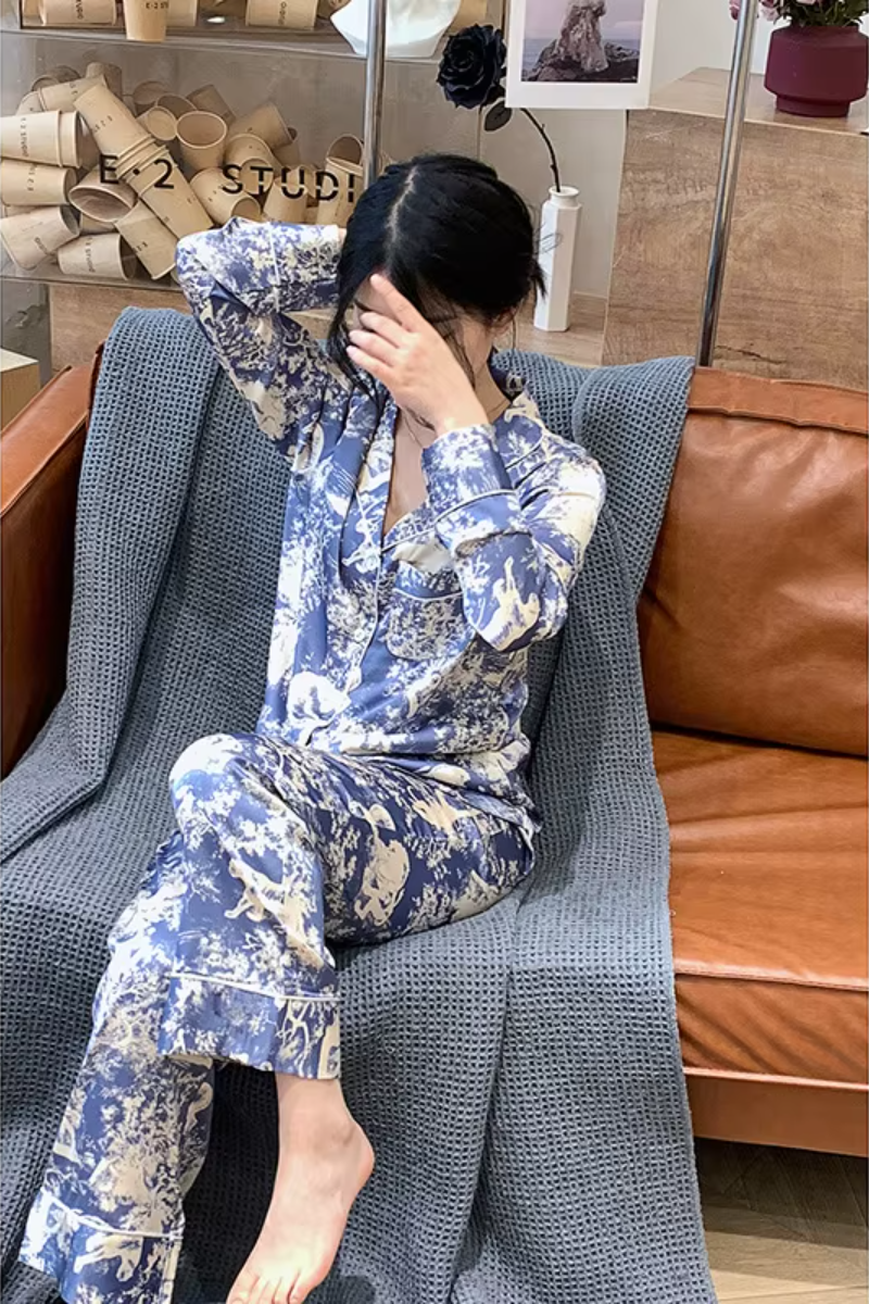 High-grade Ice Silk Satin Loose Comfortable Thin  Print Sleepwear Sets