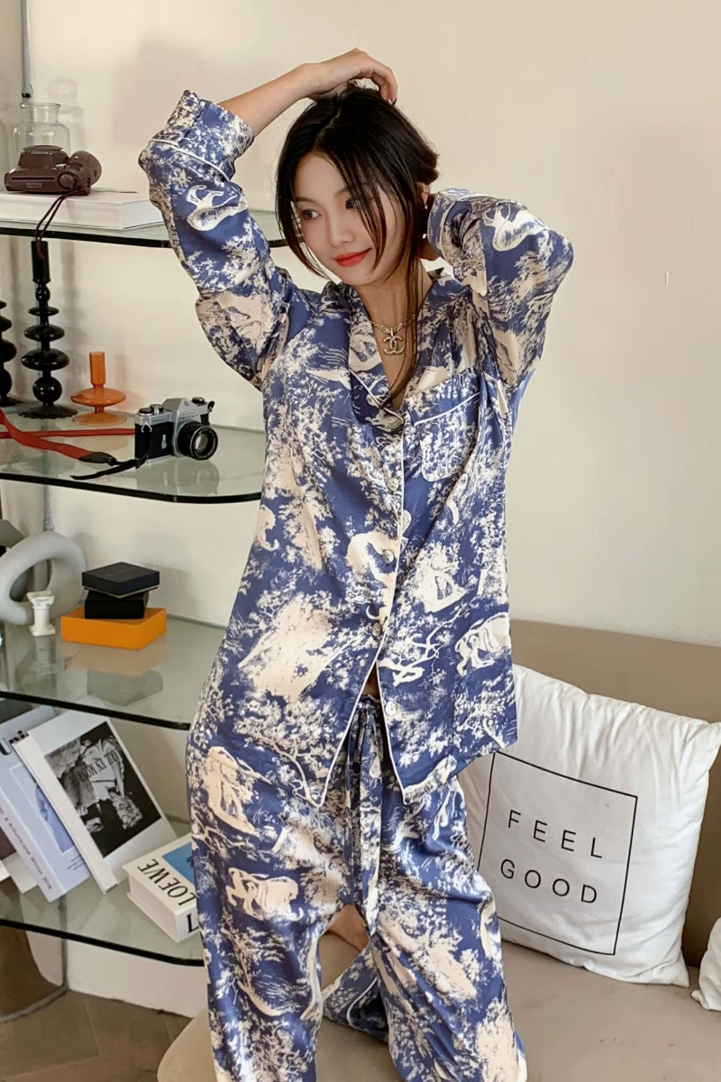 High-grade Ice Silk Satin Loose Comfortable Thin  Print Sleepwear Sets