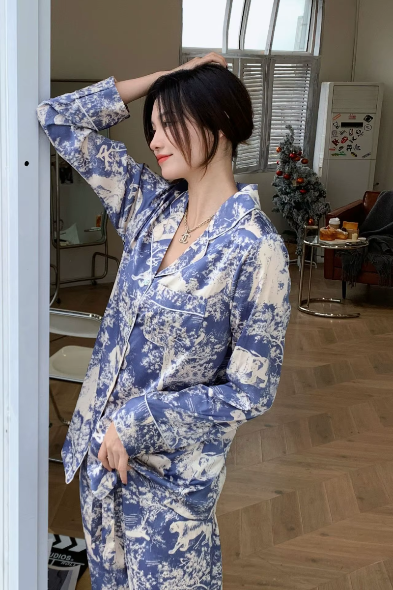 High-grade Ice Silk Satin Loose Comfortable Thin  Print Sleepwear Sets