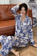 High-grade Ice Silk Satin Loose Comfortable Thin  Print Sleepwear Sets