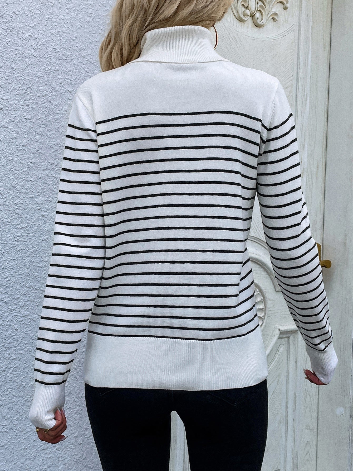 Cream Stripe Turtleneck Knit Top